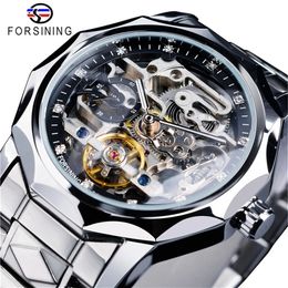 Forsining 199A Clock Mechanism Skeleton Transparent Silver Stainless Steel Mens Automatic Mechanical Male Watch Birthday Gift 240407