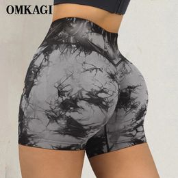 OMKAGI High Waisted Seamless Sport Shorts Biker Fitness Yoga Tie Dye Legging Workout Running Women Scrunch Butt Booty GYM Shorts 240415