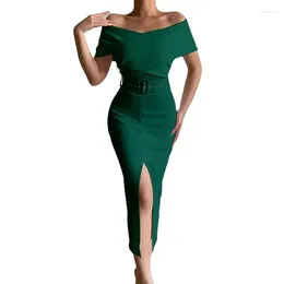 Casual Dresses Women Elegant Commuter Wrap Hip Belt Included Crossover V Neck Off The Shoulder Gown Female Split Hem Pencil Dress 2024