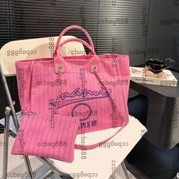 Women Canvas Beach Stripe Shopping Shoulder Bags Deauville Clutch With Chain Embroidery Letter Top Handle Totes Large Capacity Luggage Black Fuchsia White 37x29CM