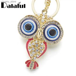 Keychains Lanyards Dalaful Big Porcelain Eyes Owl Rhinestone Crystal Keyrings Keychains Pendant Purse Bag Buckle key chains holder for women K190 Y240417