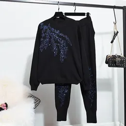 Women's Two Piece Pants Korean Black Knitted Tracksuit Set Women Manual Sequin Embroidery Sweater Outfits Female Loose Knitting Suit 2pc