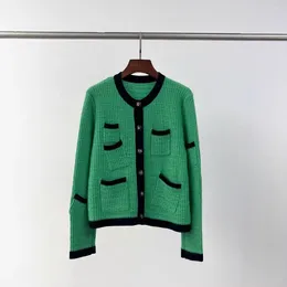 Women's Knits Top End Women Pure Cashmere Green Long Sleeve Knitted Cardigan Coat Elegant Lady All Match Single Breasted Jacket Sweater