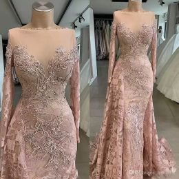 Dusty Pink Evening Dresses Bateau Neckline Long Sleeves Lace Applique Beaded Satin Floor Length A Line Custom Made Formal Prom Gown Plus Size Vestidos 2024