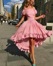 2016 Water Melon Prom Dresses Of the Shoulder Puffy Short Sleeves Tea Length Ruffle Trimming Party Dresses5279562