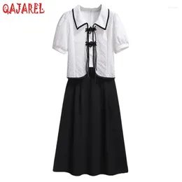 Work Dresses Summer White Jacquard Chiffon Polo Collar Top Coat Black Half Lenth Skirt Matching Sets 2024 Korean Fashion Office Lady