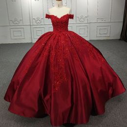 Red Shiny Off The Shoulder Ball Gown Quinceanera Dresses Sequined Appliques Beading Sweet 16 Corset Vestidos De 15 Anos