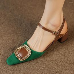 Sandals 2024 Summer Women's Natural Suede Leather Ankle Strap Metal Buckle Elegant Ladies Daily Dress Heels Pumps Shoes Sale