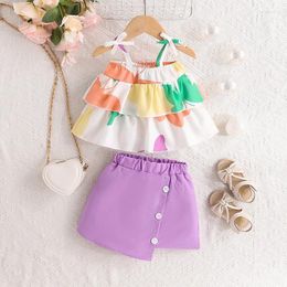 Clothing Sets 2PCS Baby Girl Summer Clothes Sleeveless Ruffle Cami Tops Button Skirt Set Toddler Outfits