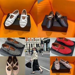 2024 With Box Designer Sandal ballet slipper slider dressing shoes dancing Women round toe Rhinestone shoes Luxury leather riveted buckle shoes size 35-40