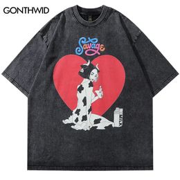 Mens Retro Hip Hop T-Shirts Heart Funny Cows Girl Print T Shirt Casual Summer Y2K Tees Unisex High Street Harajuku Streetwear 240409