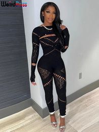 Weird Puss High Waist Women Jumpsuit Rhinestone Embellished Hollow Tight Elastic Sexy Fashion Girl Streetwear Y2K Bodycon 240417