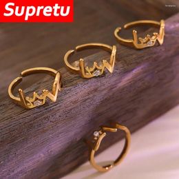 Cluster Rings Delicate Princess Tiara Crown Letter 18K Gold Plated Charm Shiny Zircon CZ Ring Titanium Steel Women Wedding Jewellery Gifts