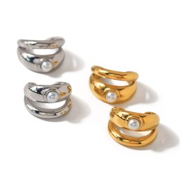 Instagram-stil Fashionabla och minimalistiska dubbelskikt Inlagd Pearl Ear Clip for Women's Titanium Steel Non Fading 18K Gold Jewelry