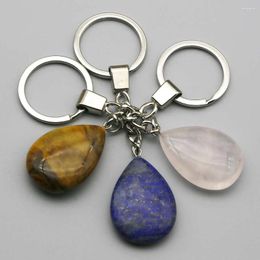 Keychains Water Drop Natural Gem Stone Keyring Friend Rose Quartz Key Ring Chain Accessories Women Men Love Keychain Jewellery Lady Gift 6PC