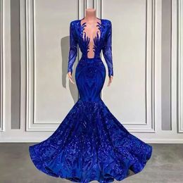 Prom Blue Mermaid Glitter African Royal Dresses Sheer Plunging Neck Pattern Sequined Lace Applique Long Hleeves Black Girls Formal Party Evening Gowns