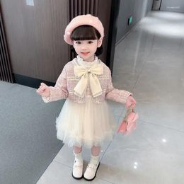Clothing Sets 2024 Autumn/Spring Girls Big Bow Jackets Tutu Dress 2pcs Set Baby Elegant Suits Kids Children Birthday Princess Clothes