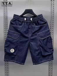 Men's Jeans Summer Men Casual Elastic Waist Big Pockets Straight Knee Length Shorts Loose Fit Denim Streetwear Cowboy Trousers