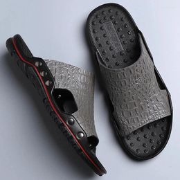 Slippers Plus Size Genuine Leather Men Fashion Fretwork Sandals Concise Sandalias Light 6 Colors Summer Footwear