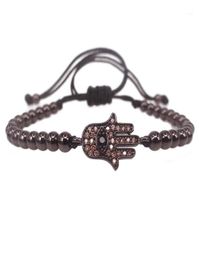 Charm Bracelets Fashion Men Hamsa BraceletBlack Round Beads Pave Setting Champagne CZ Connector Braiding Macrame Bracelet For M7670759