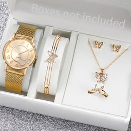 Wristwatches 5PCS/Set Women Watches Diamond Butterfly Jewellery Set Fashion Gold Plastic Band Quartz Watch