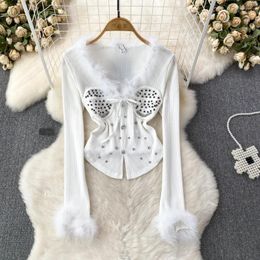 Women's T Shirts Autumn And Winter Fashion Diamond Feather Path Work Top Shirt Girls V-neck Pullover Slim Fit Irregular Bottom For Women