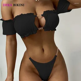 Women's Swimwear DEKA Women Push Up Brazilian Ribbed Bikini Set Pleated Bandeau Swimsuit Female Mini Thong Bather Swimming Beachwear