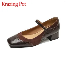 Dress Shoes Krazing Pot Sheep Leather Kid Suede Buckle Straps Chunky Heels Spring Fashion Square Toe Mary Janes Carving Vintage Women Pumps