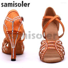 Dance Shoes Samisoler Latin Women Bronze Slik Satin Shining Rhinestone Cuba High Heel 10cm Salsa Ballroom Dancing