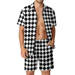 Men's Tracksuits Retro Plaid Men Sets Black And White Cheques Casual Shorts Vacation Shirt Set Summer Vintage Suit Short Sleeve Oversize