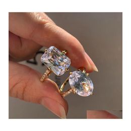 Rings Trendy Female Crystal Square Oval Ring Charm Gold Colour Thin For Women Dainty Bride White Zircon Engagement Drop Deliv Delivery Ot8Og