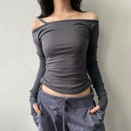 Street T-shirt hollowed out trend splicing drawstring tie up functional style one line collar top, women's off shoulder solid Colour slim fit versatile top