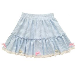 Kawaii Lolita Blue Plaid Mini spódnica Kobiety harajuku y2k estetyczne łuk krótkie spódnice japońskie w stylu preppy wróżki 2024 240408