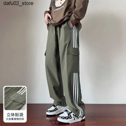 Мужские брюки 2024 Spring Mens Fashion Stripe Casual Street Sports Straight Pants Mens Loak Pocket SportString Sports Q240417