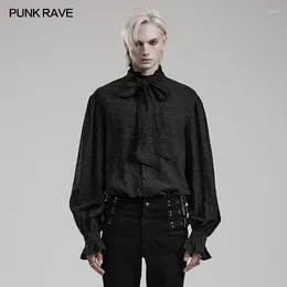 Men's Dress Shirts PUNK RAVE Gothic Ruffled Small Standing Collar Jacquard Shirt Party Club Detachable Bow Tie Black Tops Men Clothing