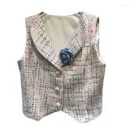 Women's Vests 2024 Summer Classic Style Flower Pin Colourful Tweed Elegant Socialite Vest For Women Waistcoat Ladies Top