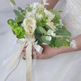 Wedding Flowers 10PC 7.87 Inch Simulated Silk White Peony Bouquet With Pole Decoration Holding