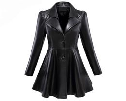 Women039s Leather Faux Leather Women s Jackets Nerazzurri Fit and flare faux leather coat notched lapel long sleeve puff Skirte8430740