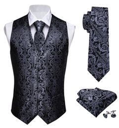 Designer Mens Classic Black Paisley Jacquard Folral Silk Waistcoat Vests Handkerchief Tie Vest Suit Pocket Square Set BarryWang T5918070