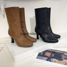 The Row New Winter High Round Edition Top-quality Niche Toe 2023 Side Zipper Slim High Heel Mid Length Boots for Women's Cowhide Fashion Boots
