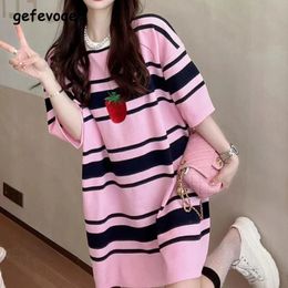 Womens Clothing Summer Trendy Striped Print Oversized Streetwear Y2K Mini Dress Retro Casual Sweet Short Sleeve T Shirt Dresses 240415