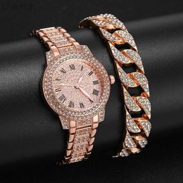 Wristwatches New Fashion Luxury Diamond Women Watches Bracelet Set Cuban Stainless Steel Ladies 2023 Jewelry Gifts d240417