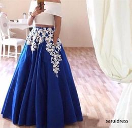 Elegant Royal Blue Party Gown Two Piece Lace Appliqued Prom Dresses Arabic Off Shoulder ALine Floor Length Evening Dresses Robe D7627710