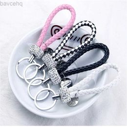 Keychains Lanyards Handmade PU Leather Rope Keychains Sparkling Crystal Key Chains For Women Men Girl Key Holder Car Bag Accessories Gift Keyring d240417