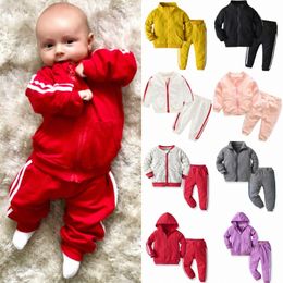 Baby Kids Clothes Sets Boys Girls Tracksuits Long Sleeved Sport Suits Children Toddler Knitted Zippered Sweater 2-piece Casual Coat Pants Hooded Outwe 72YO#