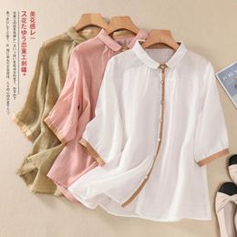 Women's Blouses Cotton And Linen Colour Blocking Single-breasted Shirt Female Summer Korean Loose Large Size Temperament Casual Blouse