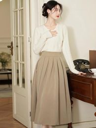 Work Dresses Autumn Winter 2 Piece Set Women Casual Sets Double Breasted Chic Sweater French Vintage Pleated Skirt Elegant Suit Ladies
