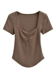 Women's T Shirts Pure Desire Style Sexy Generous Neckline Short Sleeved Top For Women With Pleats On The Chest Revealing Collarbone 618J