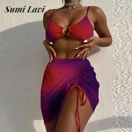 Women's Swimwear Gradient Swimsuit Three-piece Set Fashion Hollow Out Bikini And Cover-up Skirt Summer Push Up Backless Beachwear