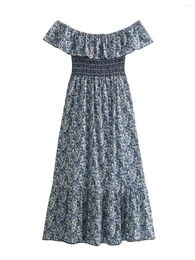 Casual Dresses XNWMNZ 2024 Women Fashion Off The Shoulder Print Midi Dress Vacation Style Ruffled Hem Versatile Female